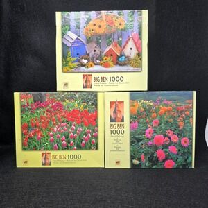 Lot of 3 Big Ben 1000 Piece Jigsaw Puzzles MB Games Floral Garden Nature Sealed